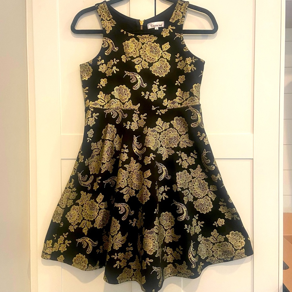 Black and gold girls special occasion dress, size 16, by nickie lew.